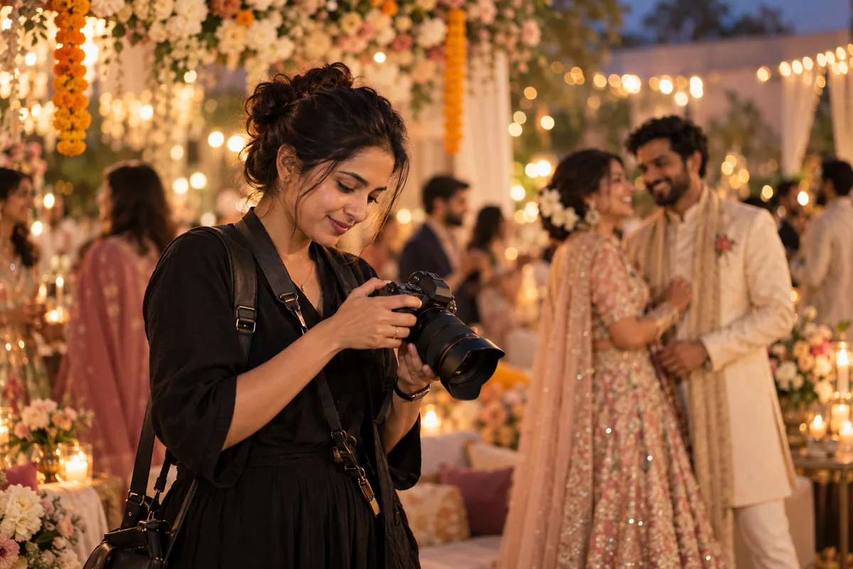 Illustrative event photographer reviewing photographs at a wedding